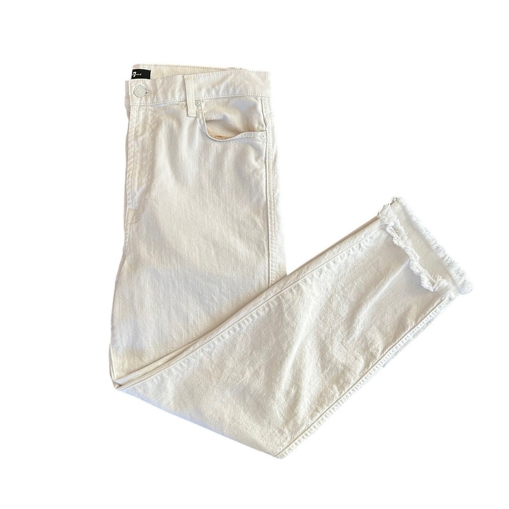 7 For‎ All Mankind High Waist Chic Cropped Straight Jeans White Raw Hem Size 32